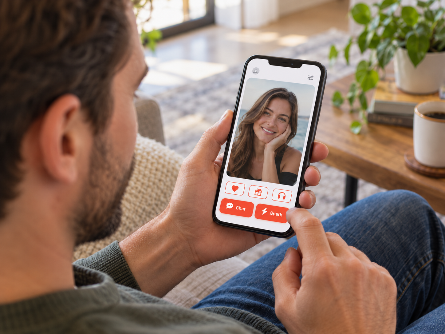 Man viewing a woman’s JustClicked profile on his phone and about to tap the orange Spark button