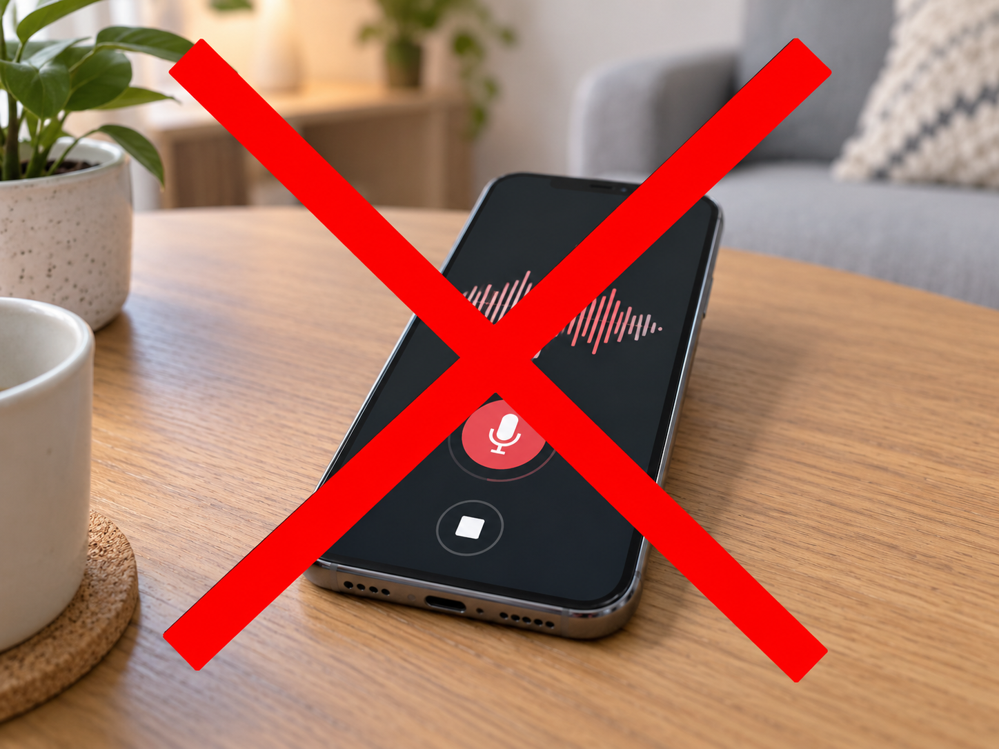 Smartphone voice recording screen with a large red cross showing what to avoid in a dating profile voice introduction.