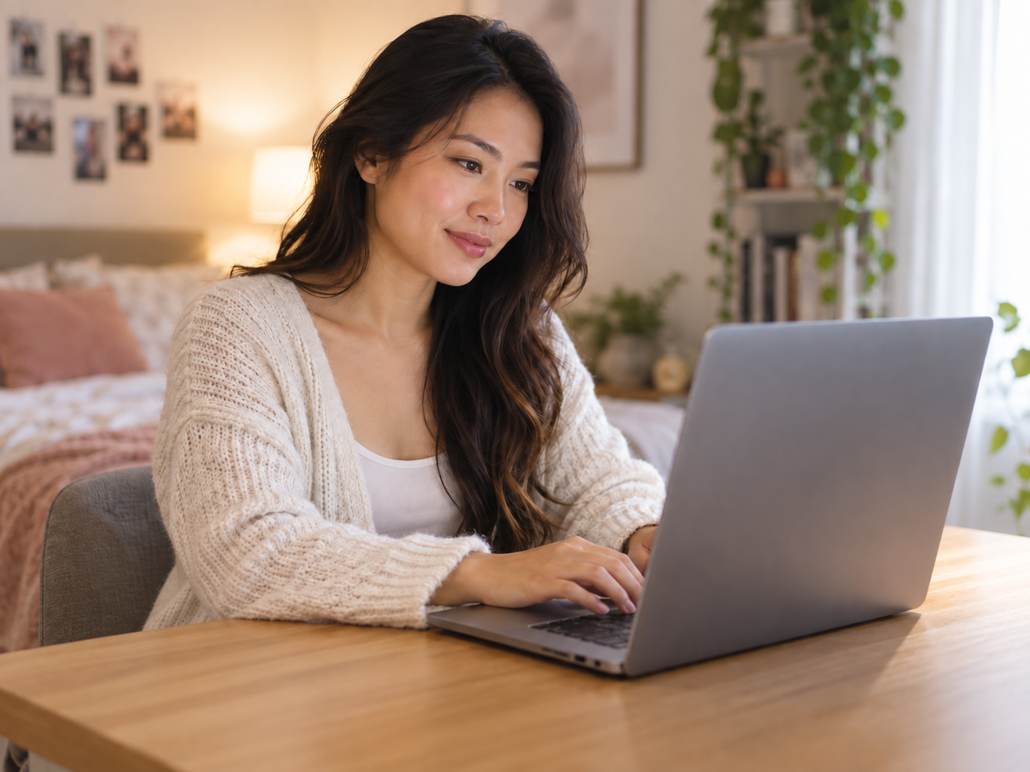 Asian woman typing a dating profile bio on a laptop in a relaxed bedroom setting