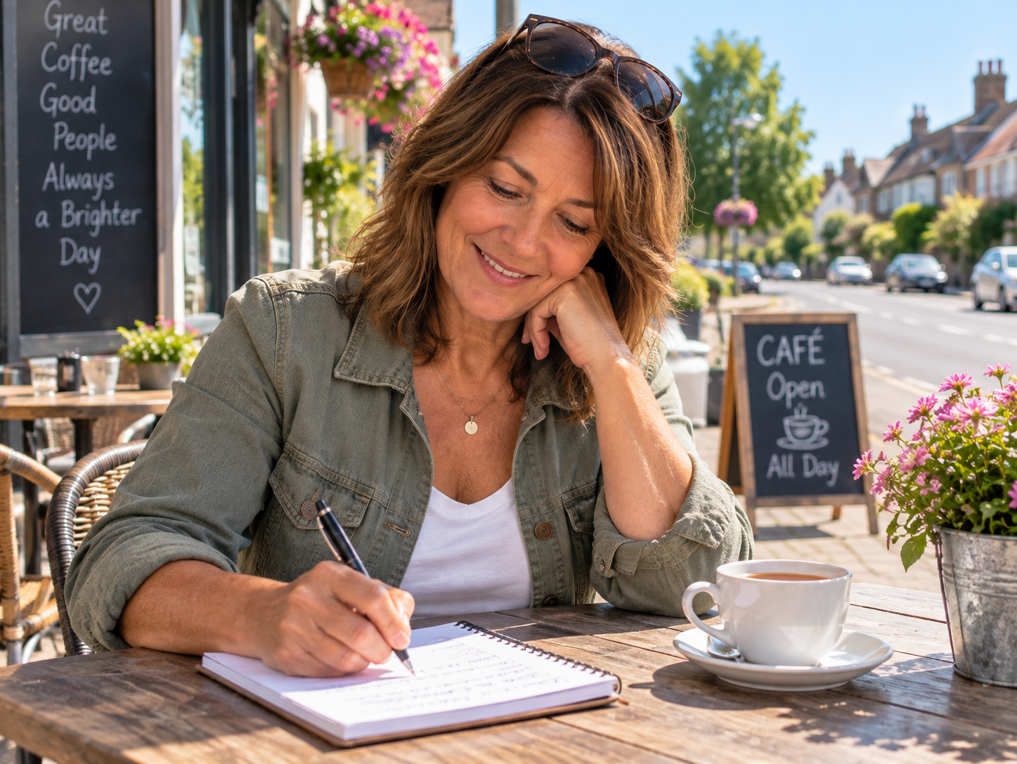 Middle-aged woman writing her dating bio in a notebook while drinking tea outside a sunny roadside café