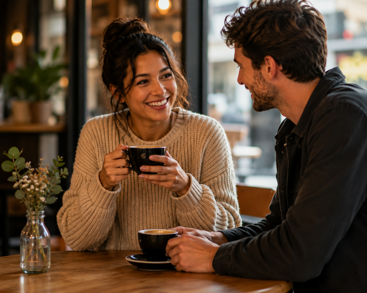 Couple enjoying a relaxed low-cost date together in a coffee shop