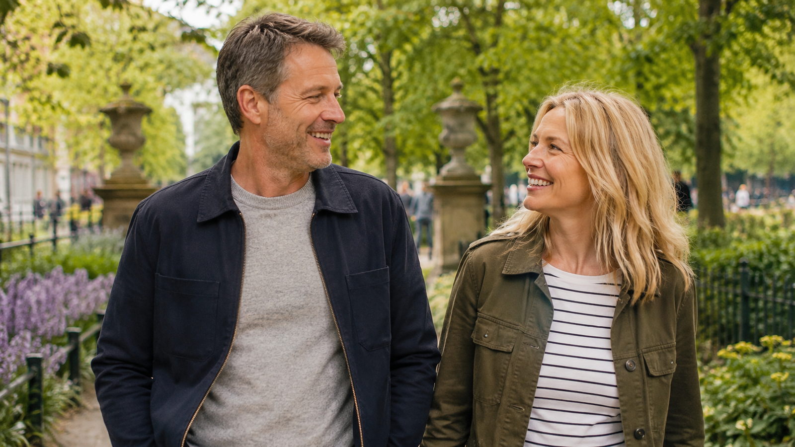 Couple in their 40s enjoying a relaxed walk together in a leafy public park.